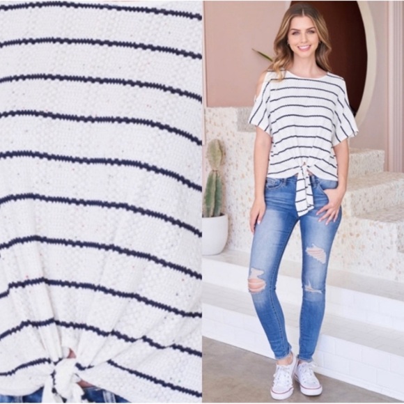(51)New Adorable Striped Knit Cold Shoulder Front Tie Spring Summer Top - Picture 3 of 5